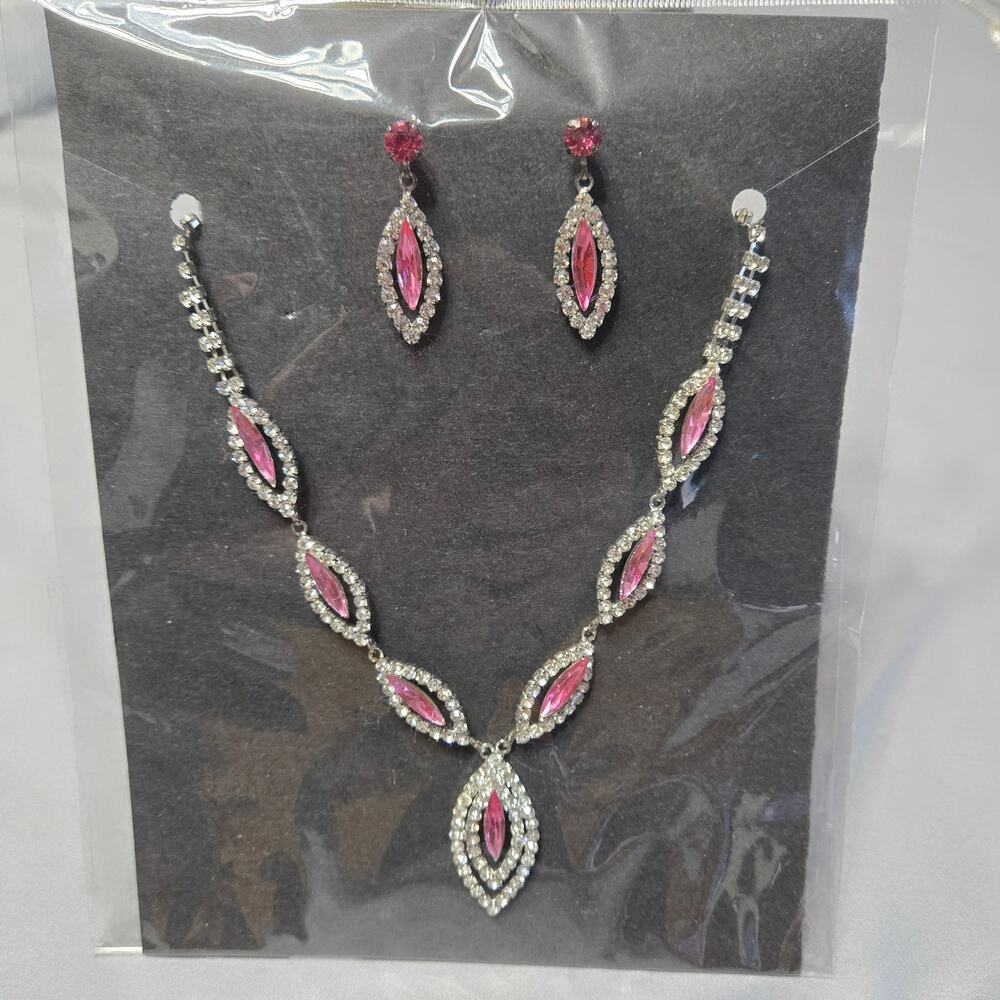 Pink Marquise Rhinestone Necklace and Earring Jewelry Set